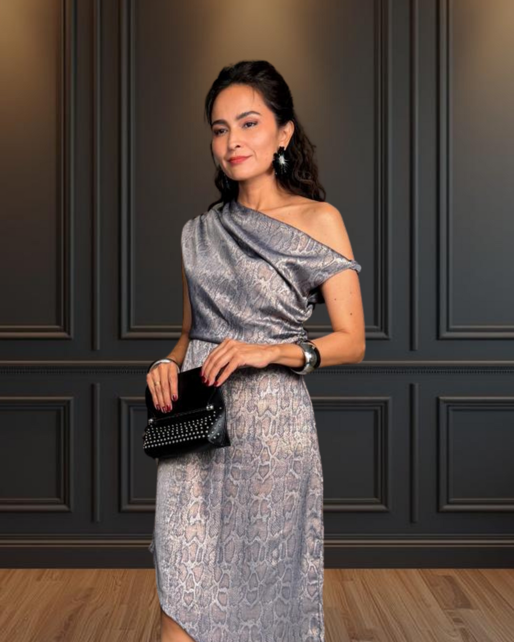 Vegas Knotted Off-shoulder Snake Foil Print  Dress - Steel Grey