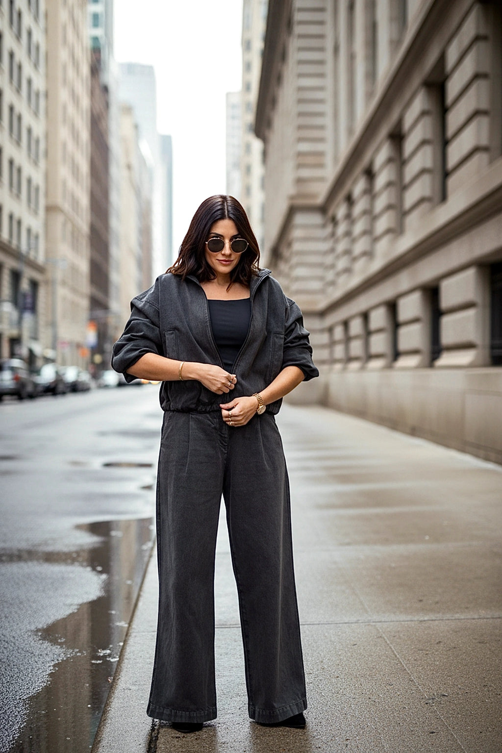 Woman in a gray jumpsuit standing on a city street.