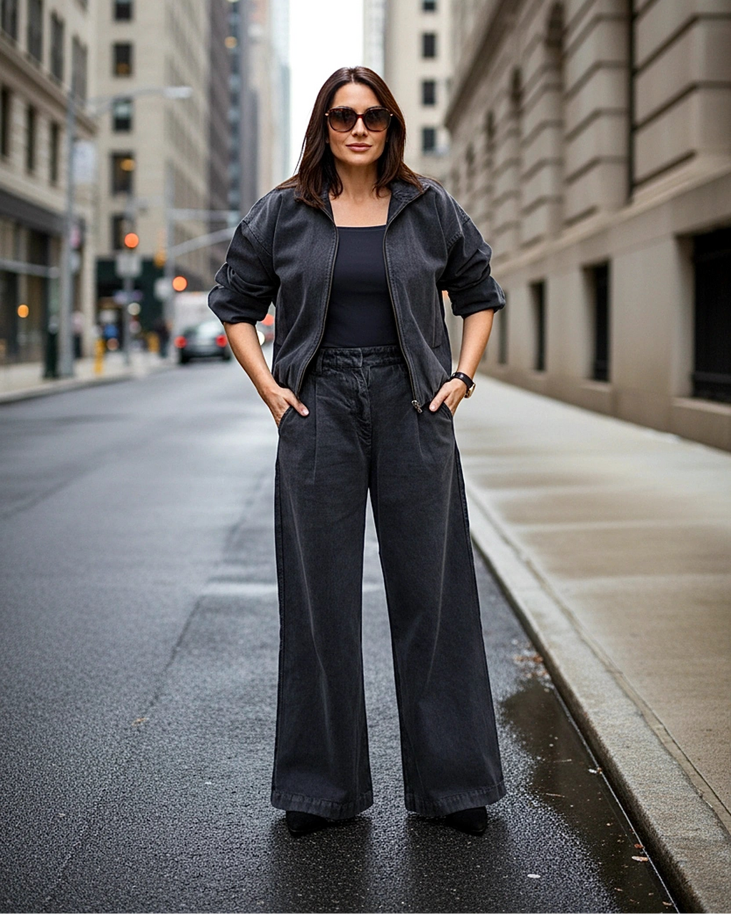 Woman in a black outfit standing on a city street