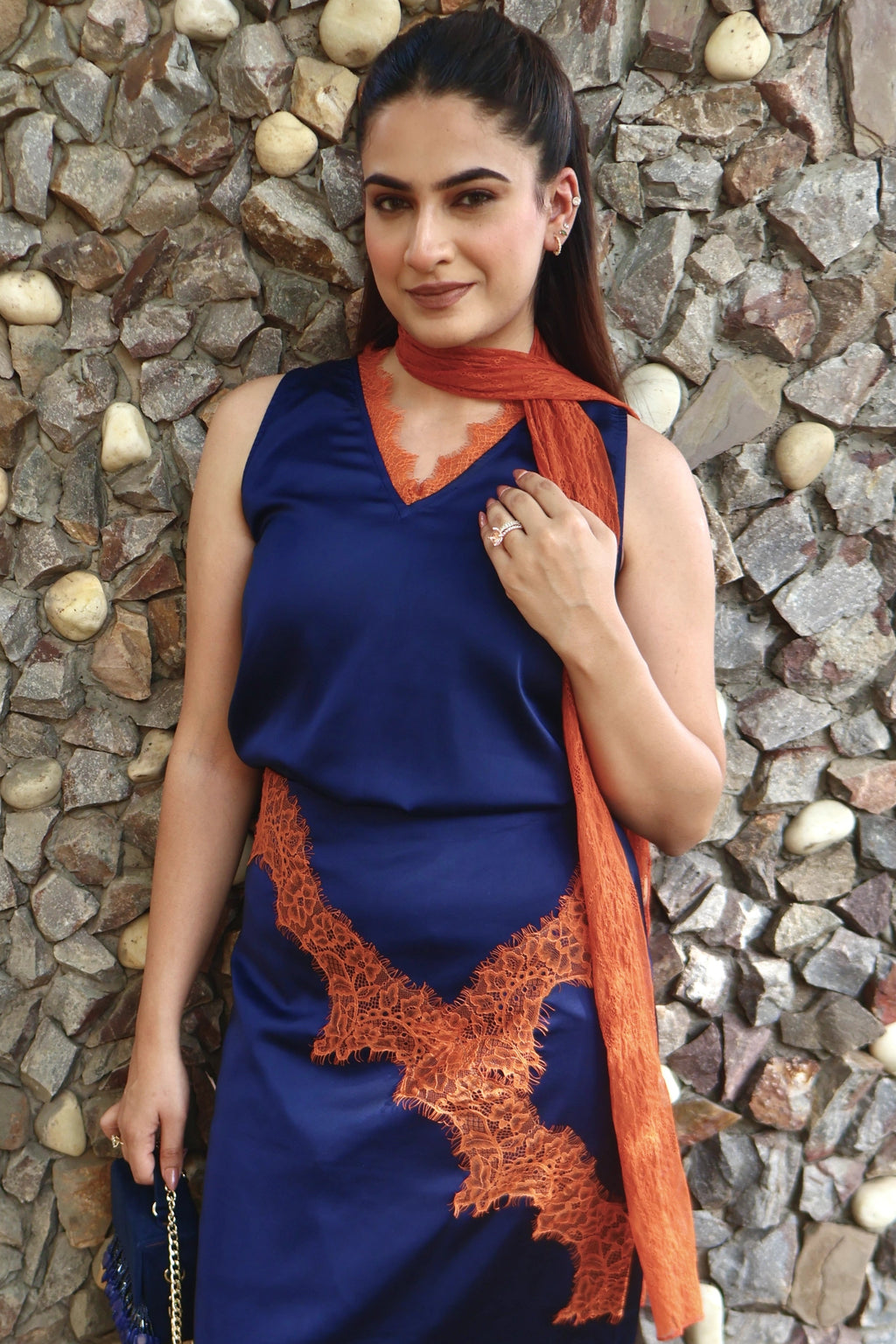 Cannes Satin & Lace Top, Long Skirt & Scarf Co-ord Set