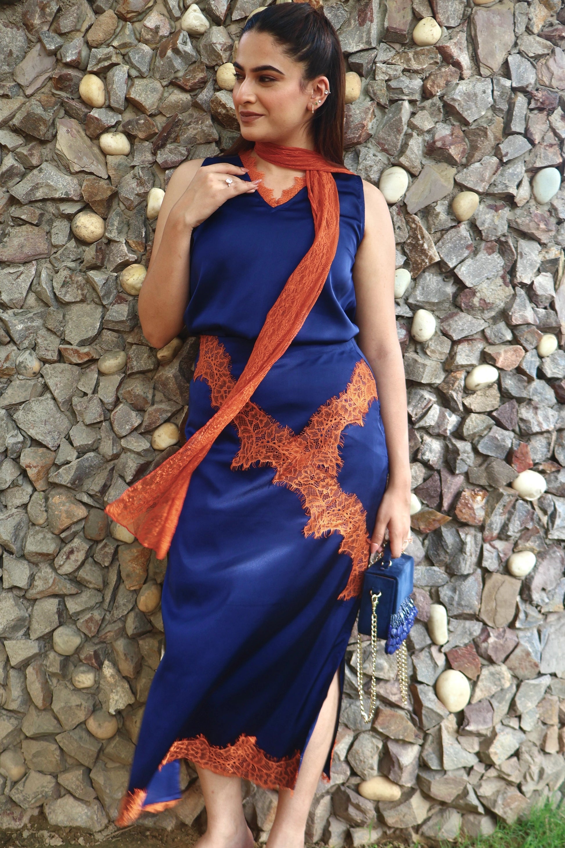 Cannes Satin & Lace Top, Long Skirt & Scarf Co-ord Set