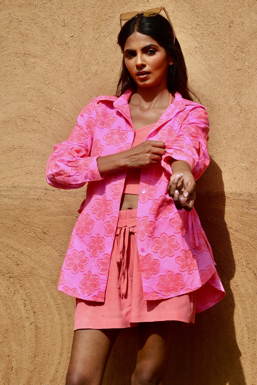 Hawaii Cotton Stripes and Jacquard Flowers Shirt, Bustier & Shorts Co-ord Set