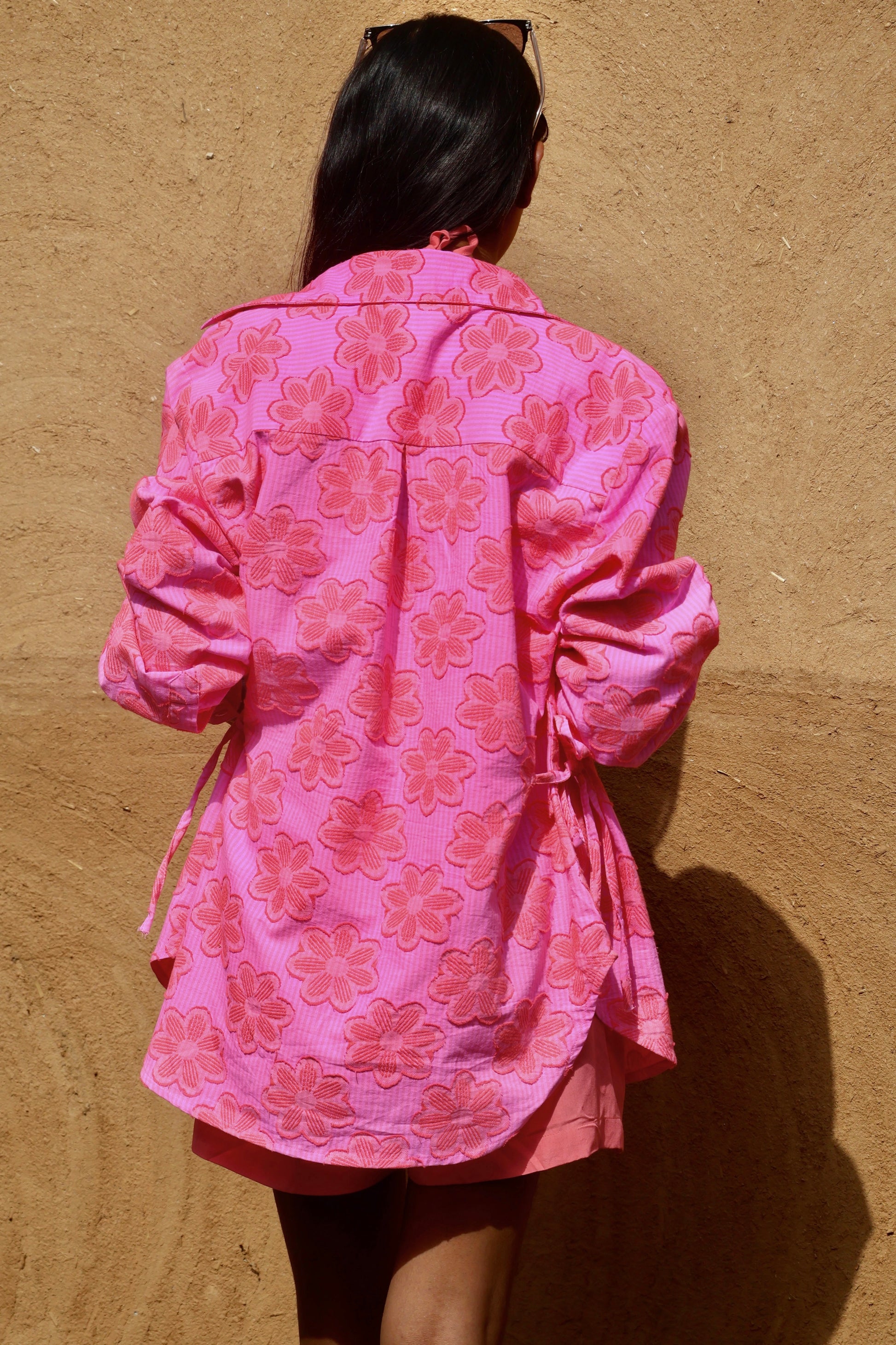 Hawaii Cotton Stripes and Jacquard Flowers Shirt, Bustier & Shorts Co-ord Set
