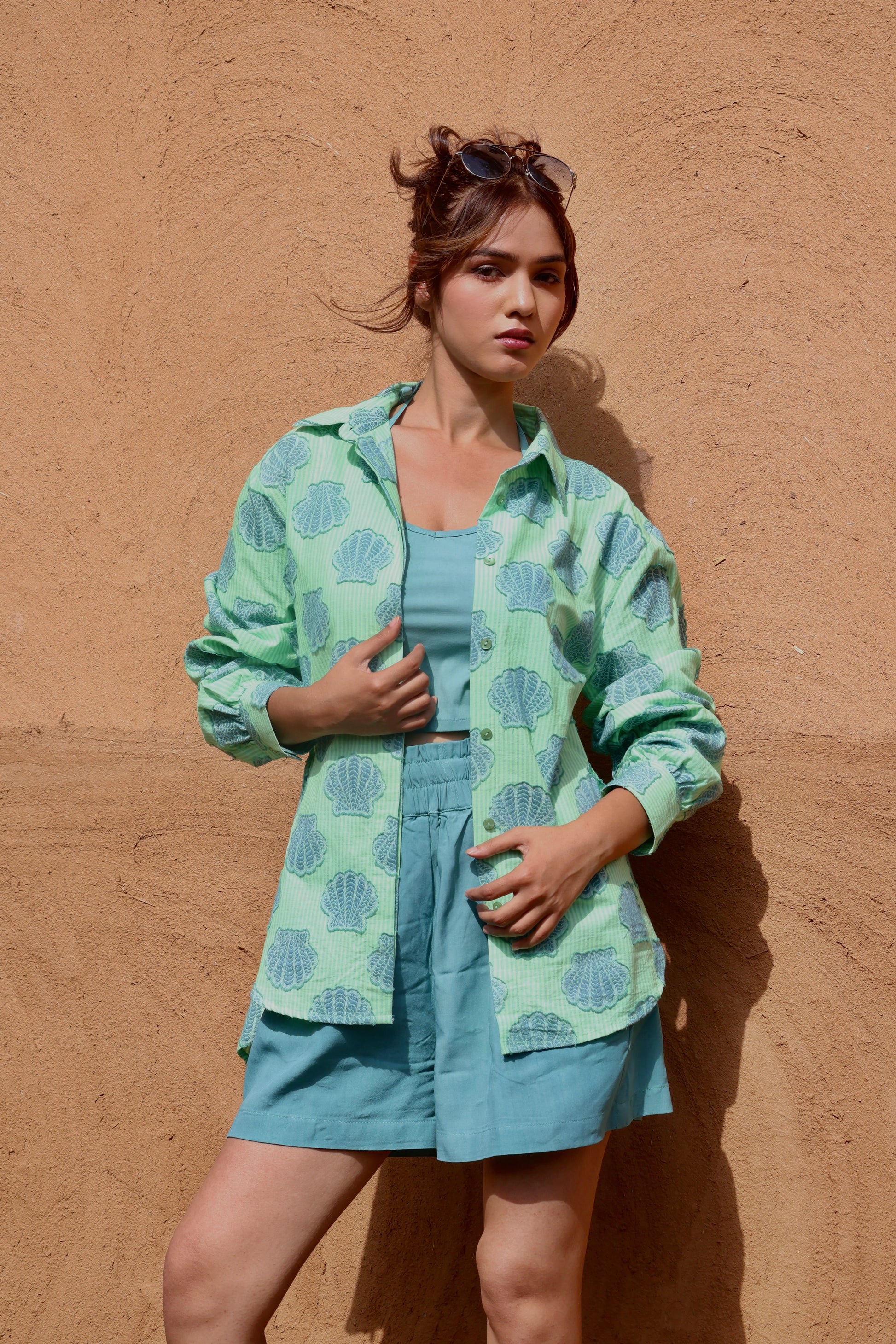 Hawaii Cotton Stripes and Jacquard Shells Shirt, Bustier & Shorts Co-ord Set