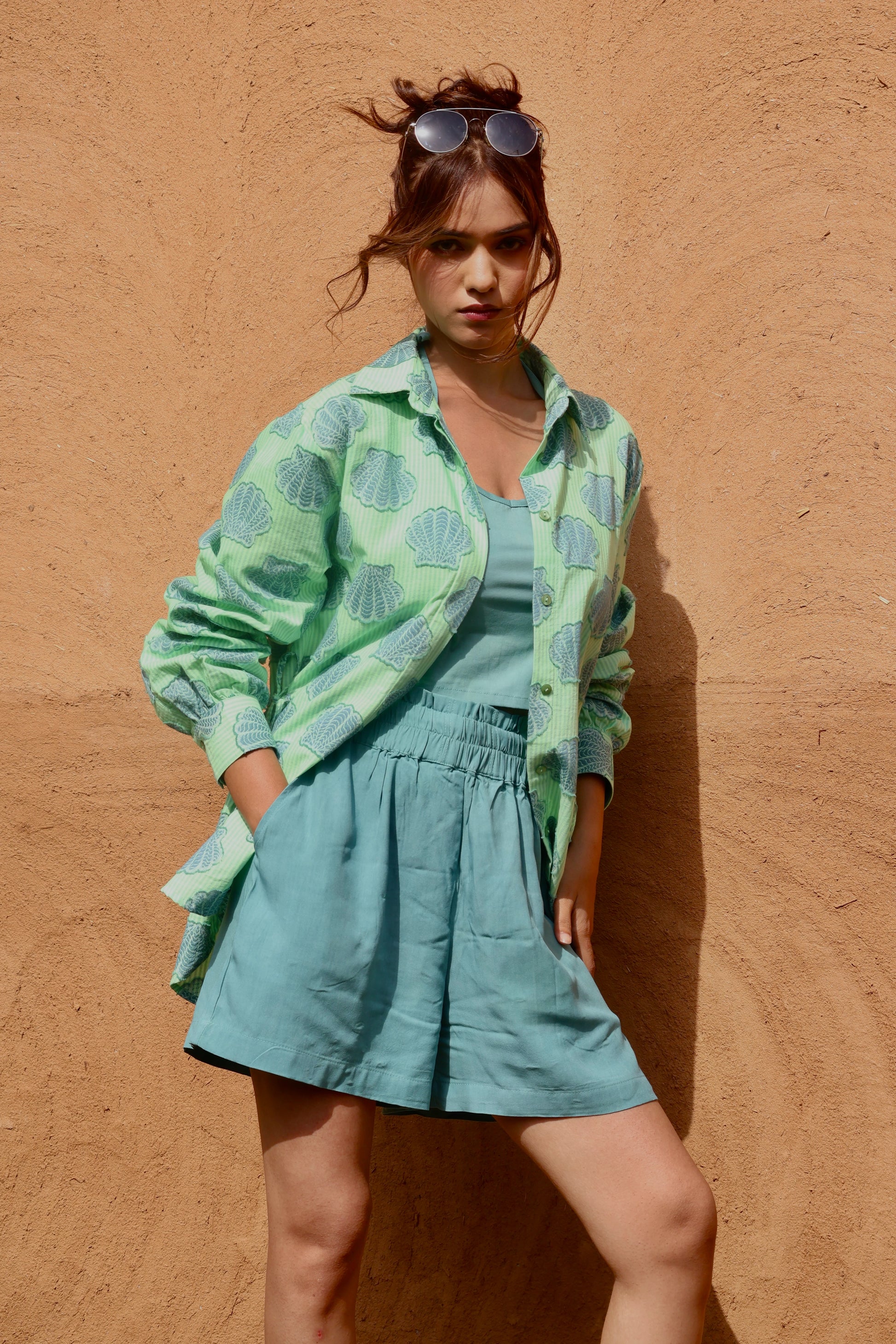 Hawaii Cotton Stripes and Jacquard Shells Shirt, Bustier & Shorts Co-ord Set