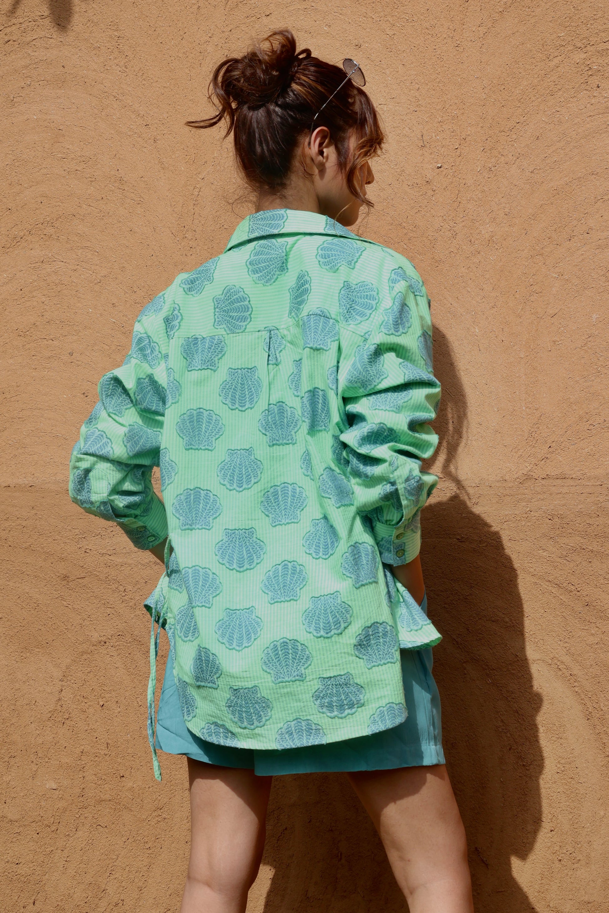 Hawaii Cotton Stripes and Jacquard Shells Shirt, Bustier & Shorts Co-ord Set