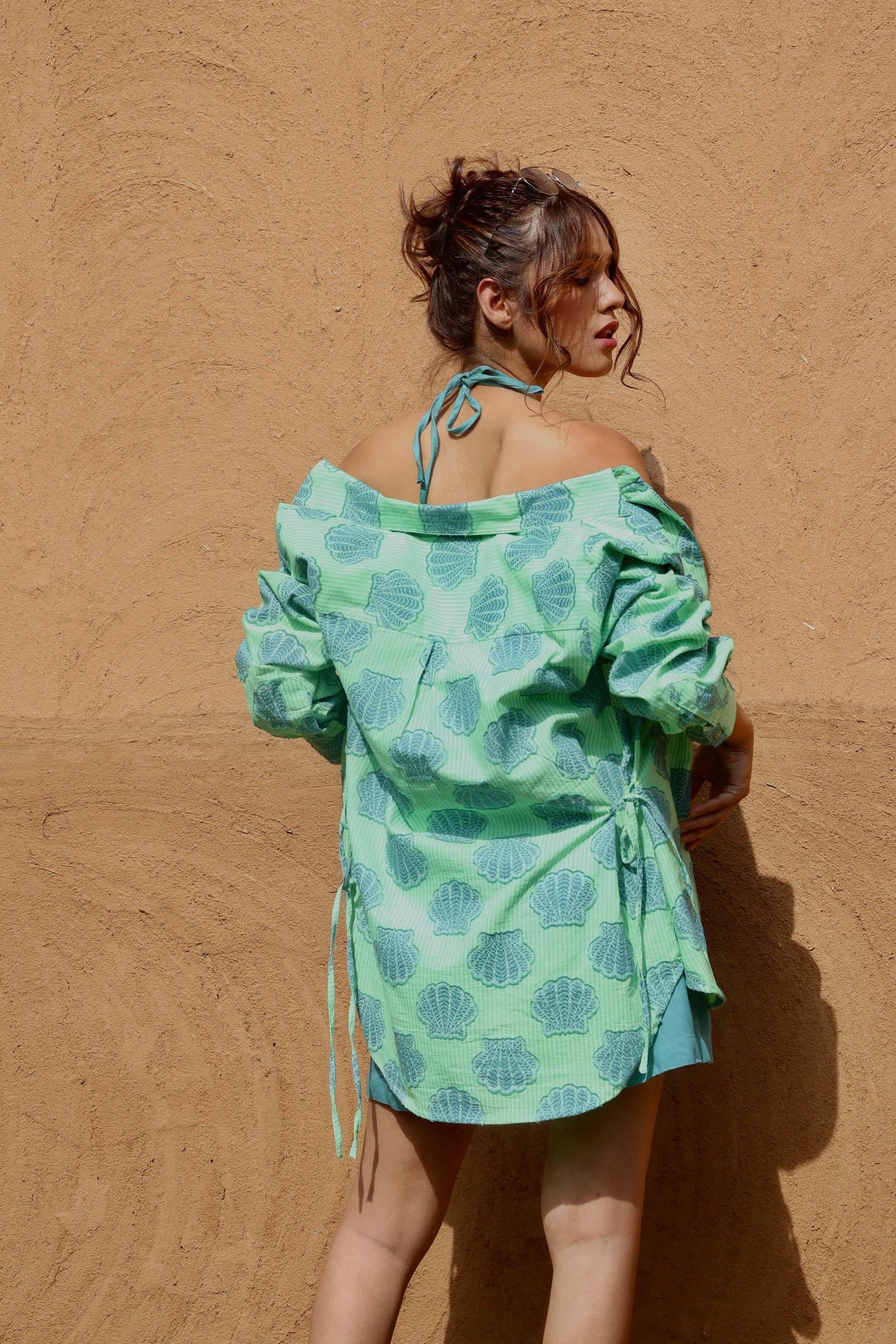 Hawaii Cotton Stripes and Jacquard Shells Shirt, Bustier & Shorts Co-ord Set