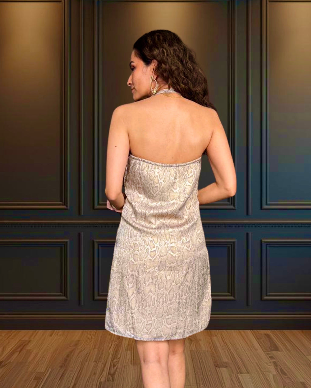 Vegas Cowl Neck Snake Foil Print Dress - Champagne Gold