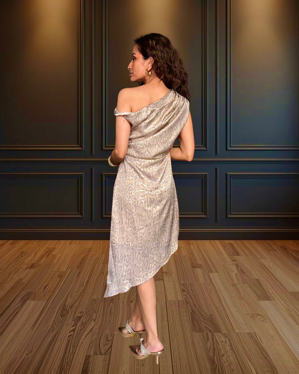 Vegas Knotted Off-shoulder Snake Foil Print  Dress - Champagne Gold