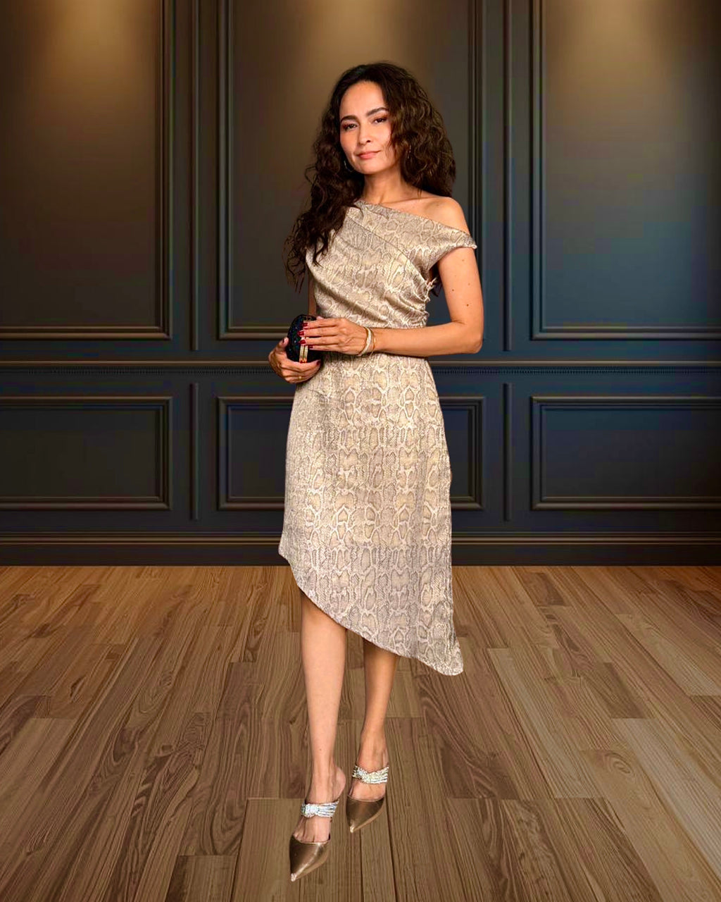 Vegas Knotted Off-shoulder Snake Foil Print  Dress - Champagne Gold