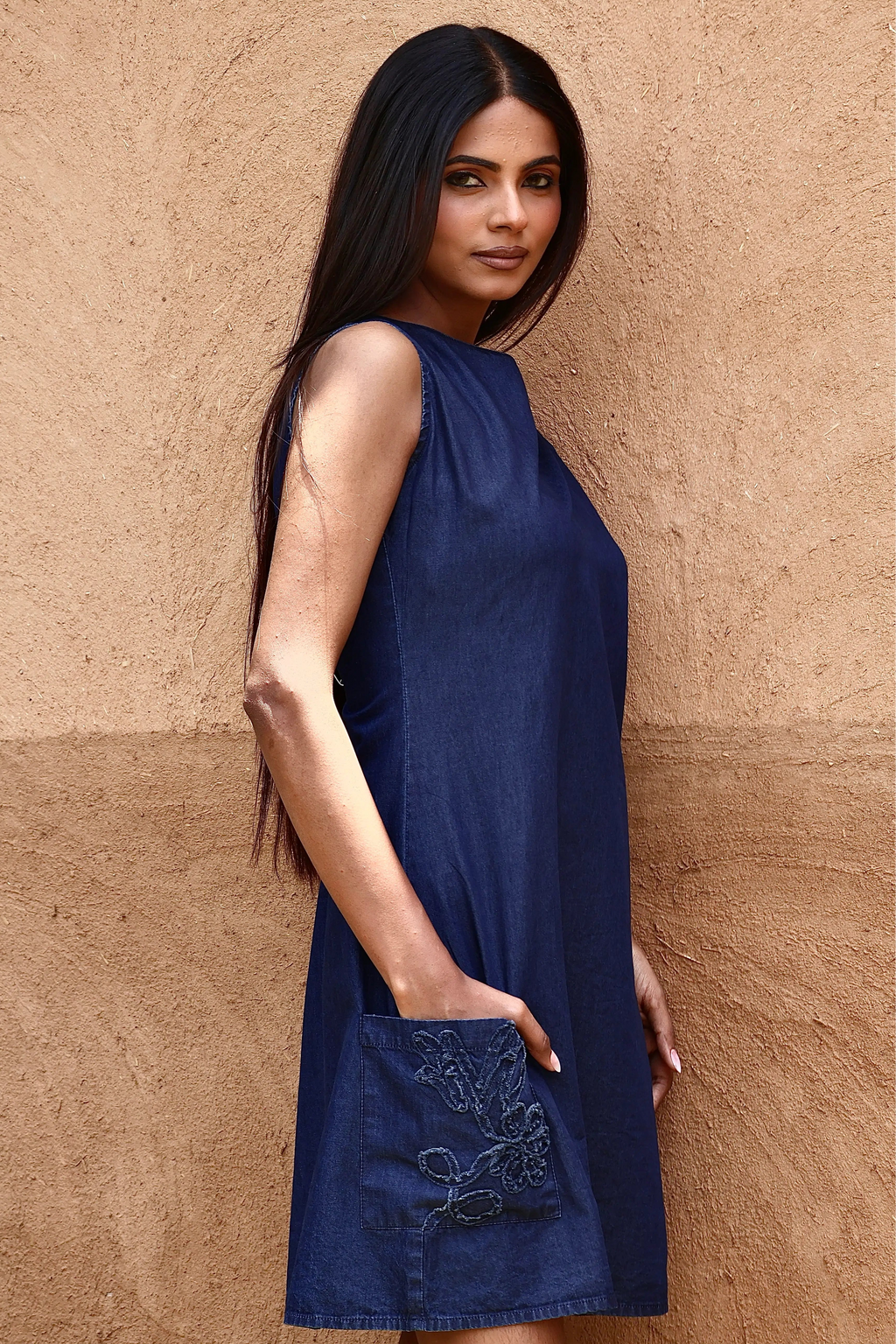 LA Denim Embroidered Pocket Dress