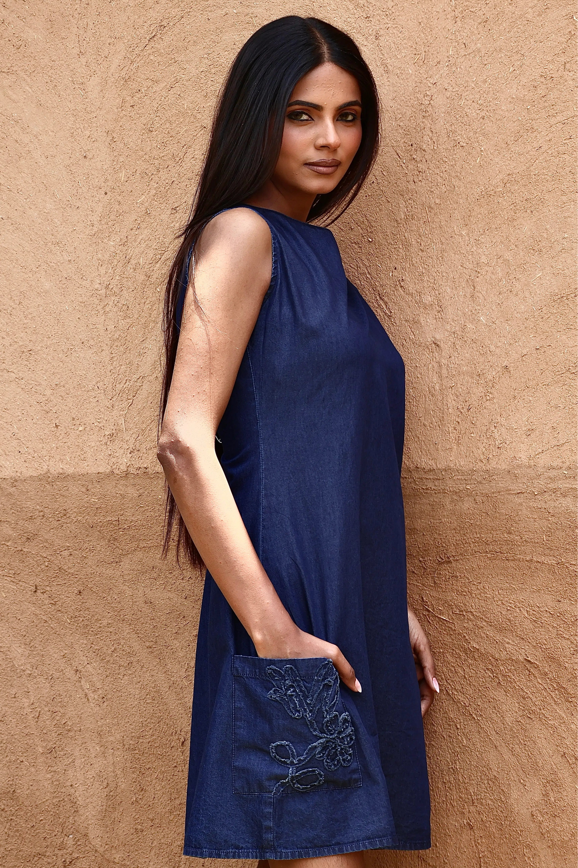 LA Denim Embroidered Pocket Dress