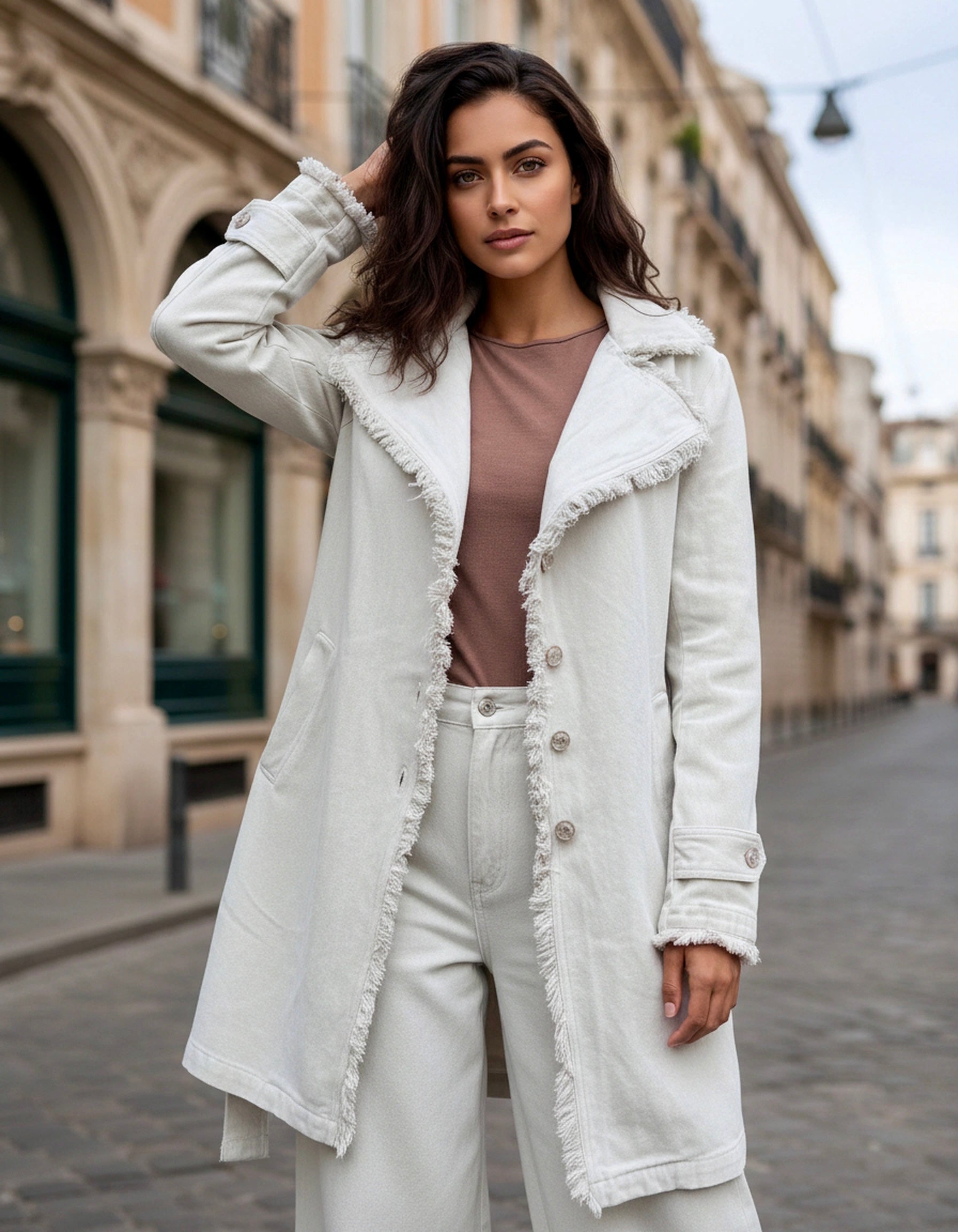 New York Fringed Denim Tench Coat