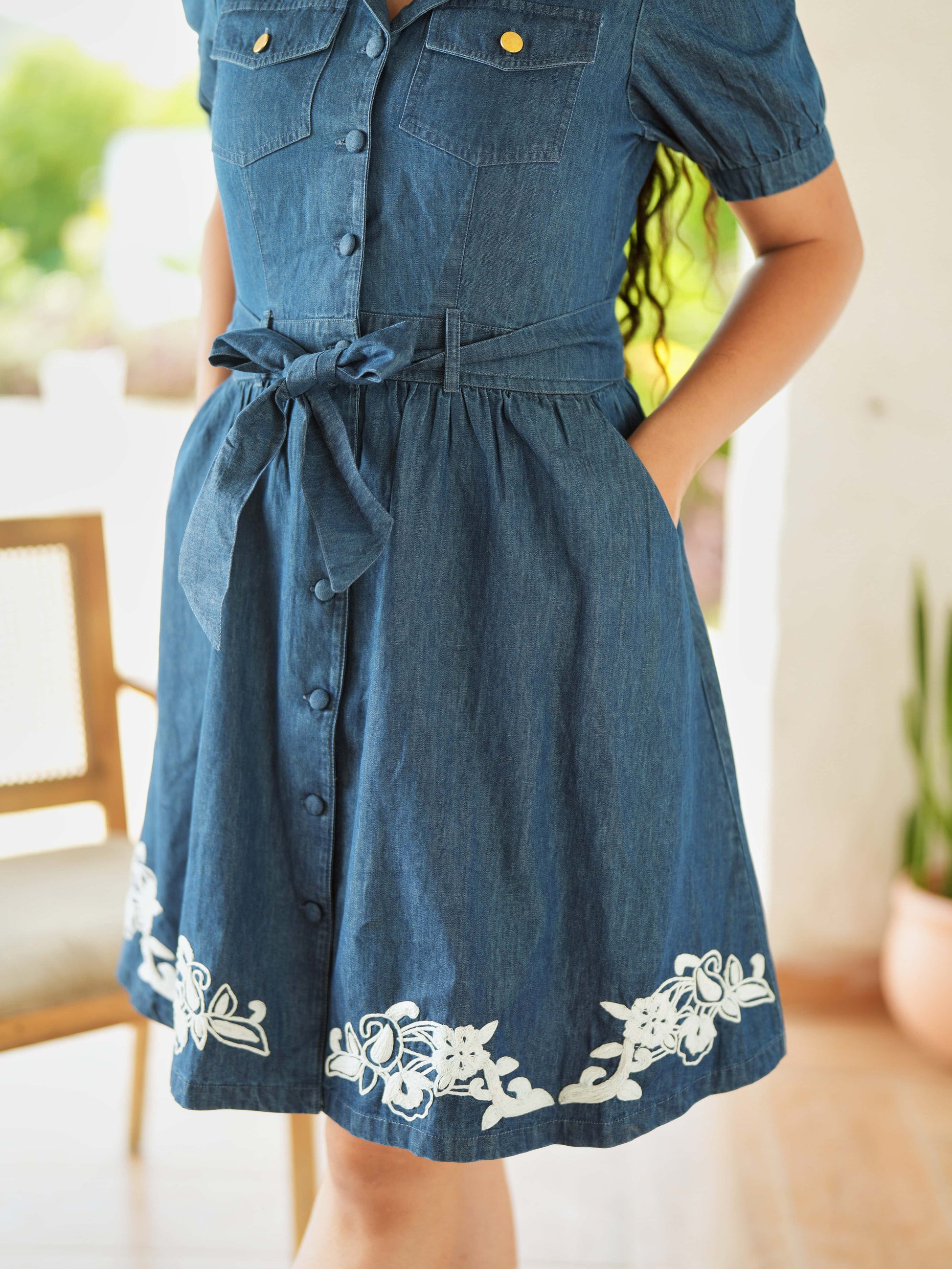 Santorini Denim Embroidered Dress