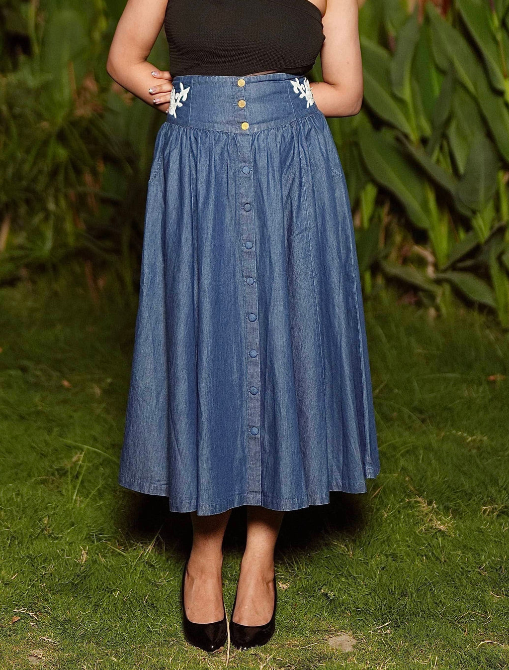Santorini Denim Embroidered Skirt