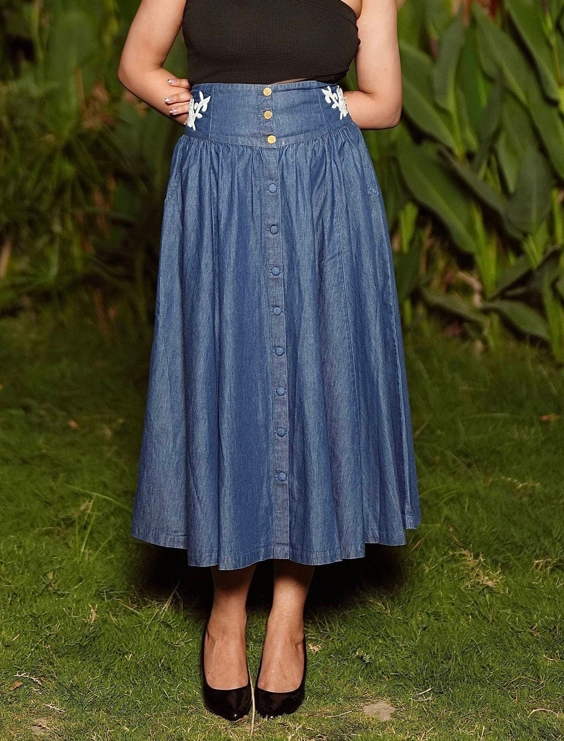 Santorini Denim Embroidered Skirt