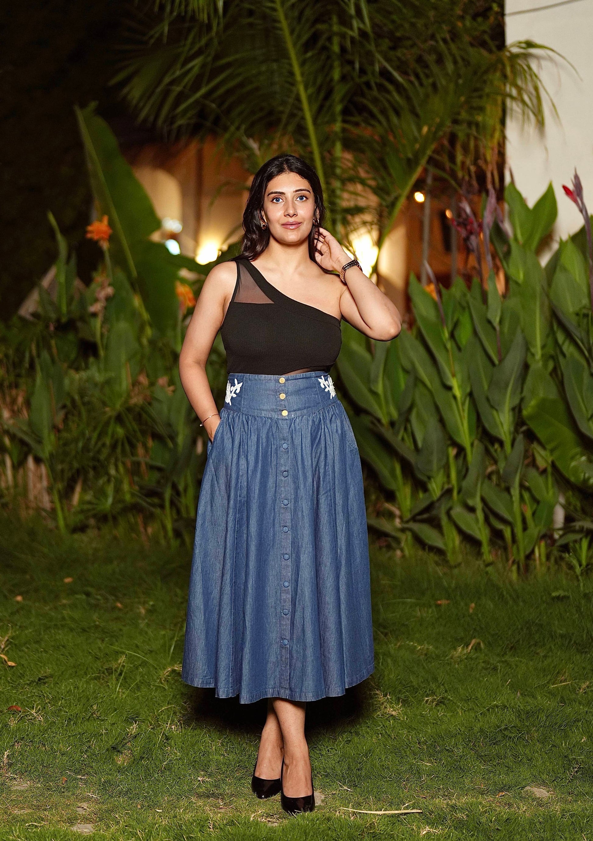 Santorini Denim Embroidered Skirt