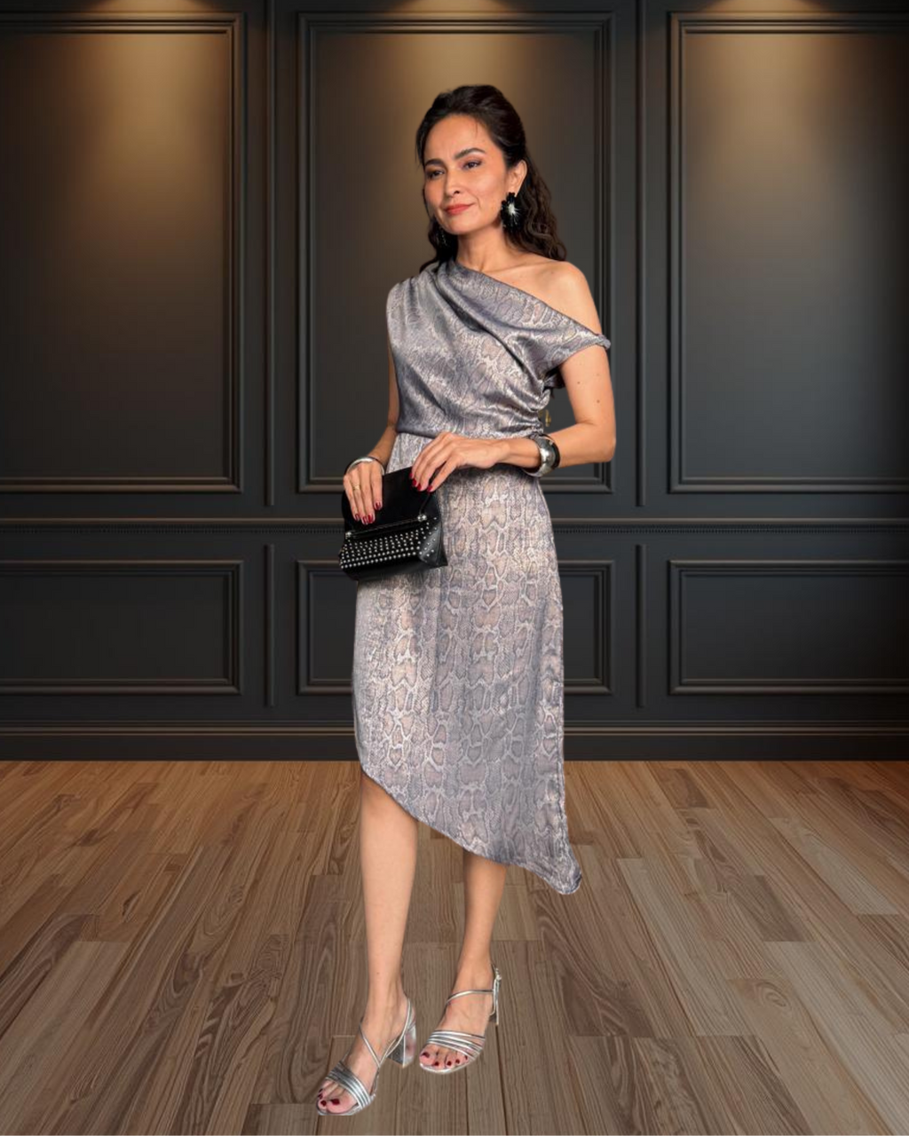 Vegas Knotted Off-shoulder Snake Foil Print  Dress - Steel Grey