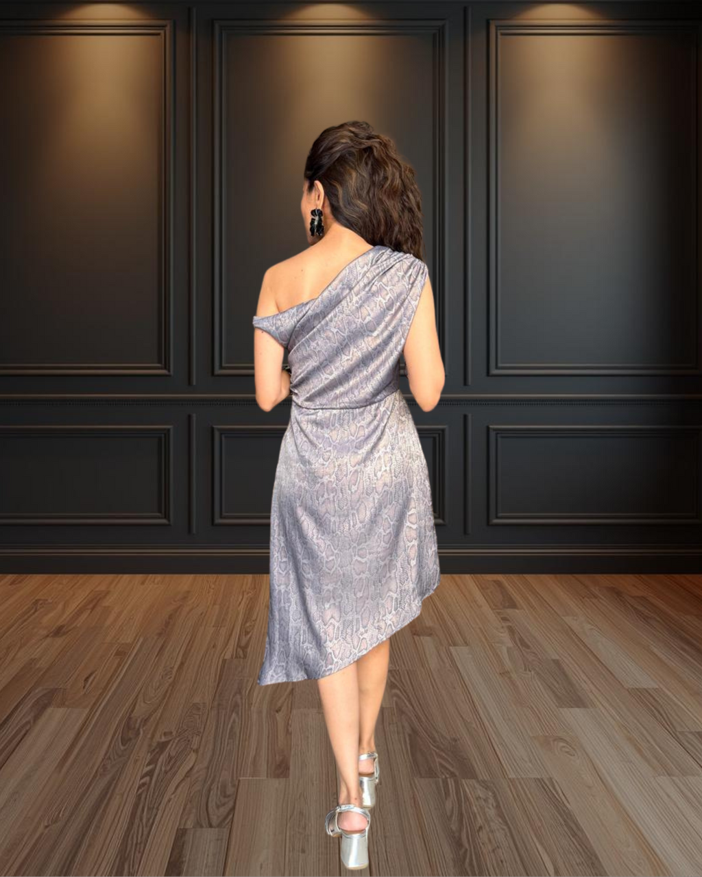 Vegas Knotted Off-shoulder Snake Foil Print  Dress - Steel Grey