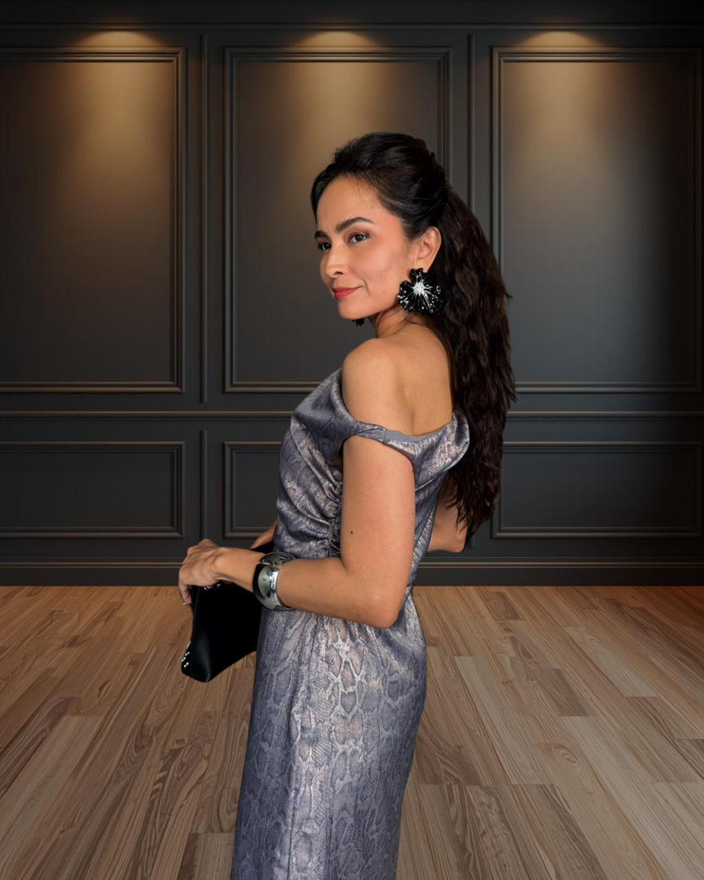 Vegas Knotted Off-shoulder Snake Foil Print  Dress - Steel Grey