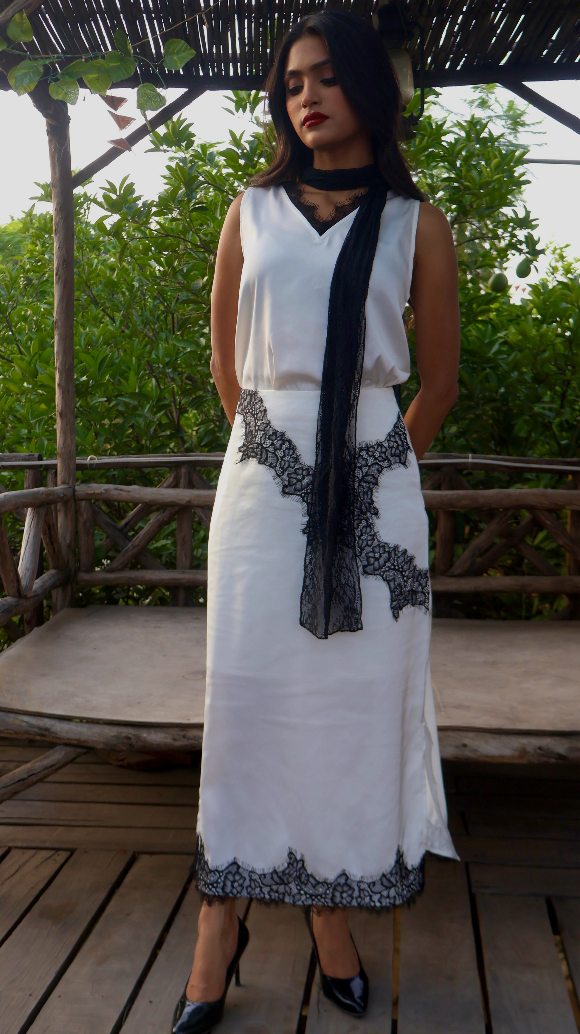 Cannes Satin & Lace Top, Long Skirt & Scarf Co-ord Set