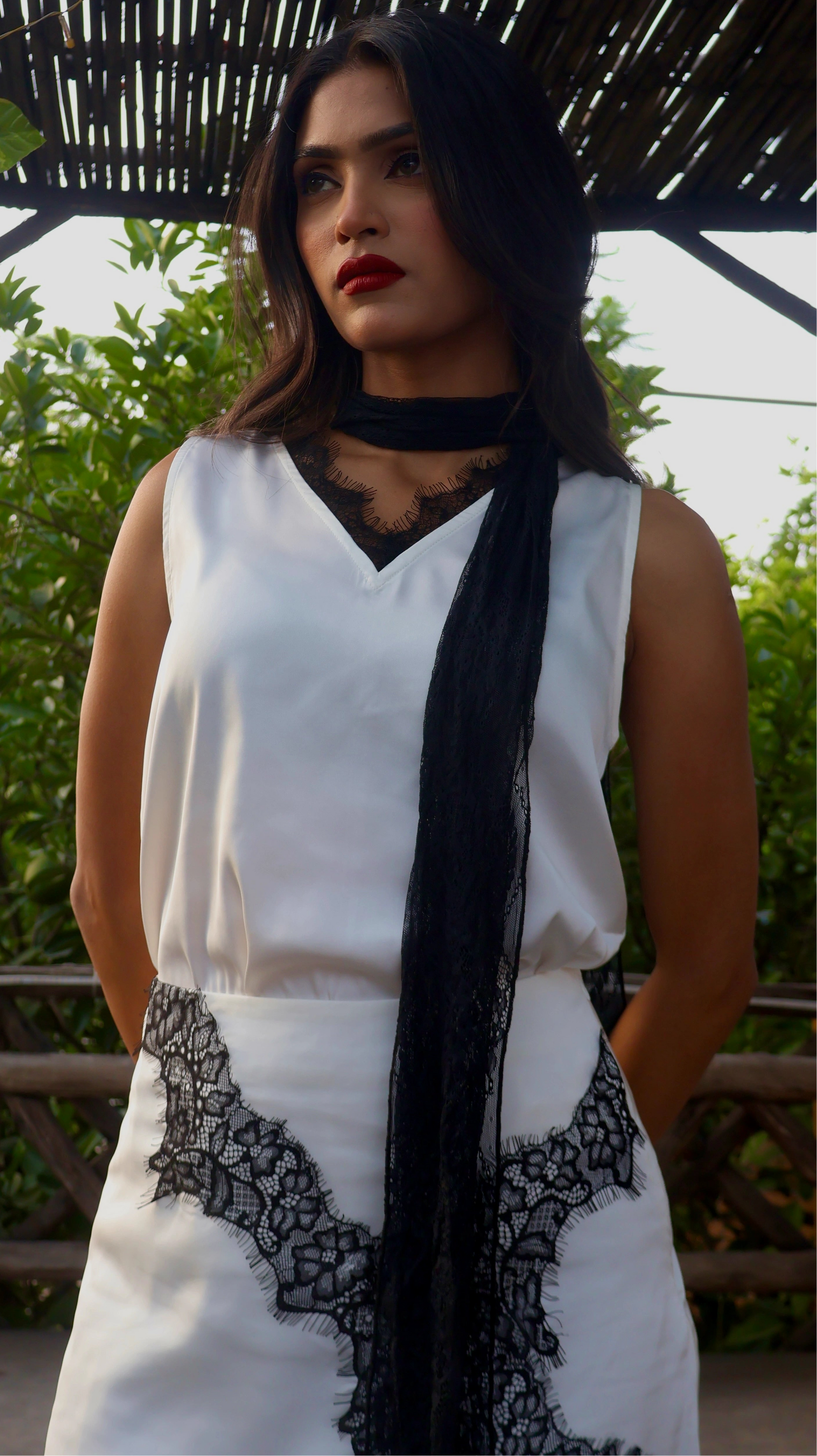 Cannes Satin & Lace Top, Long Skirt & Scarf Co-ord Set
