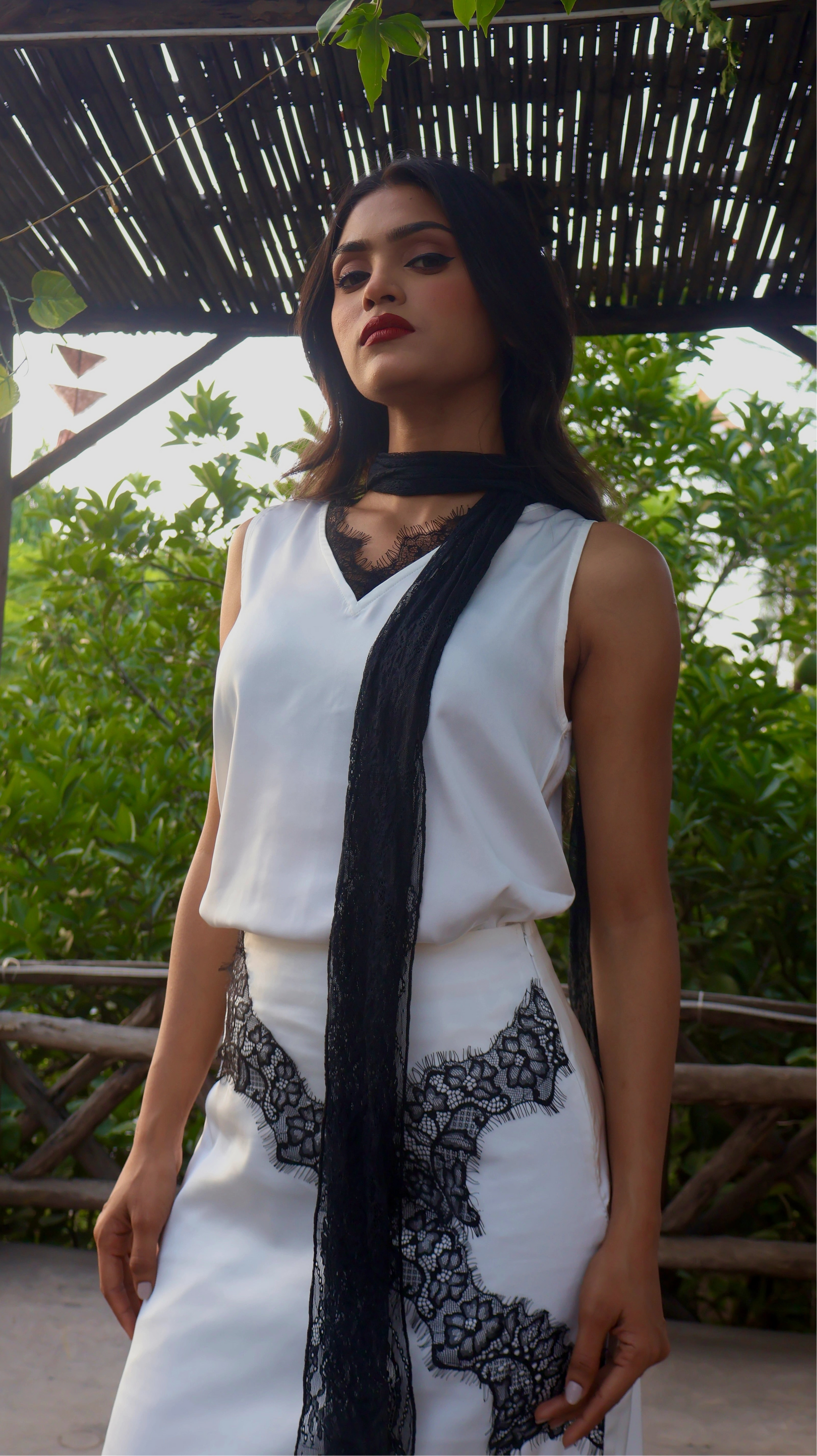 Cannes Satin & Lace Top, Long Skirt & Scarf Co-ord Set