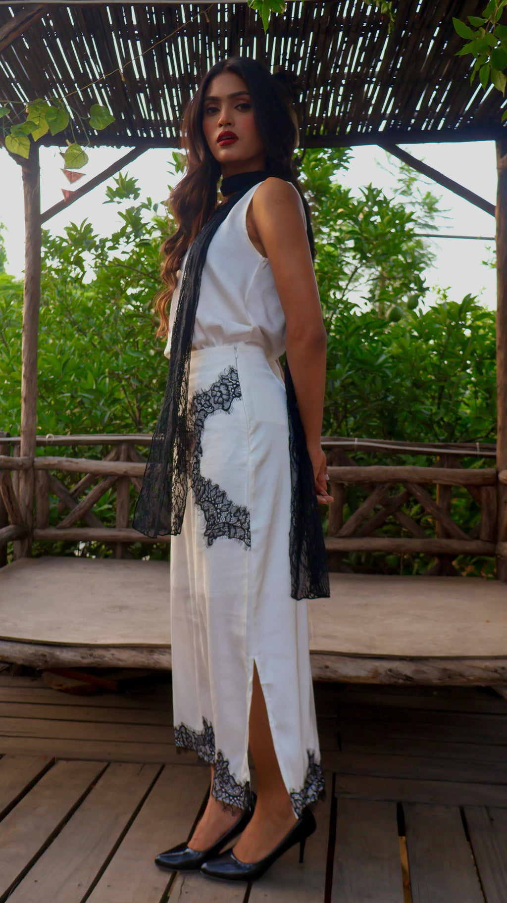 Cannes Satin & Lace Top, Long Skirt & Scarf Co-ord Set