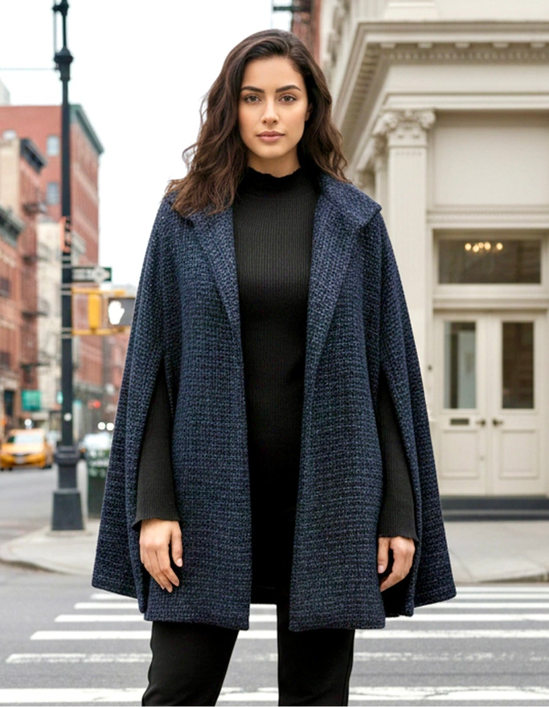 Woman wearing a blue coat on a city street