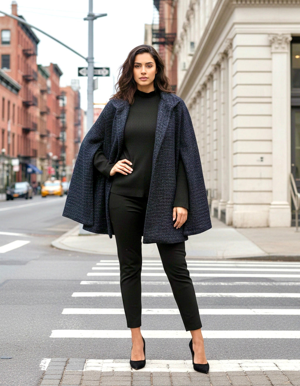Woman in a navy coat and black outfit standing on a city street.