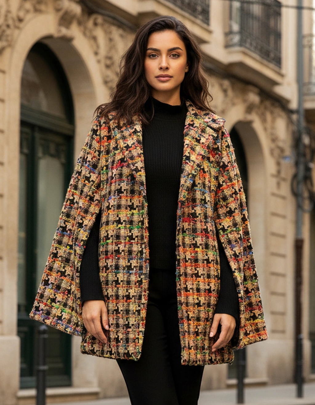 Woman wearing a colorful patterned coat in an urban setting
