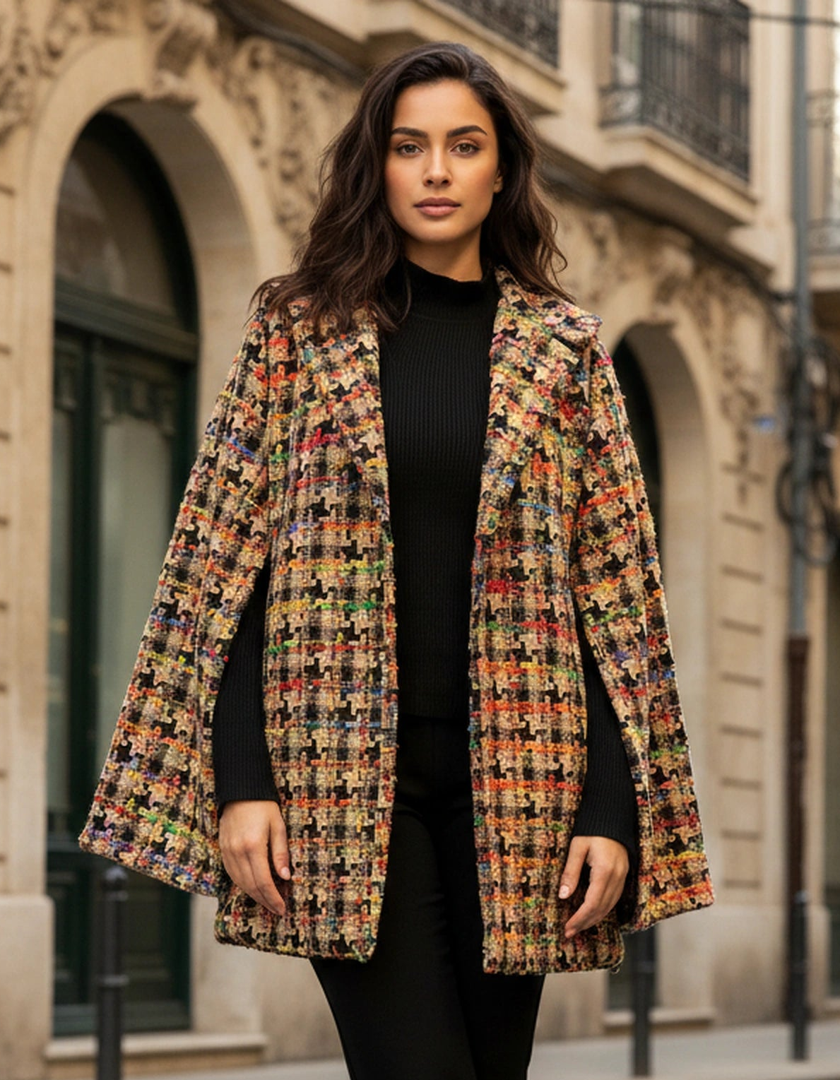 Woman wearing a colorful patterned coat in an urban setting