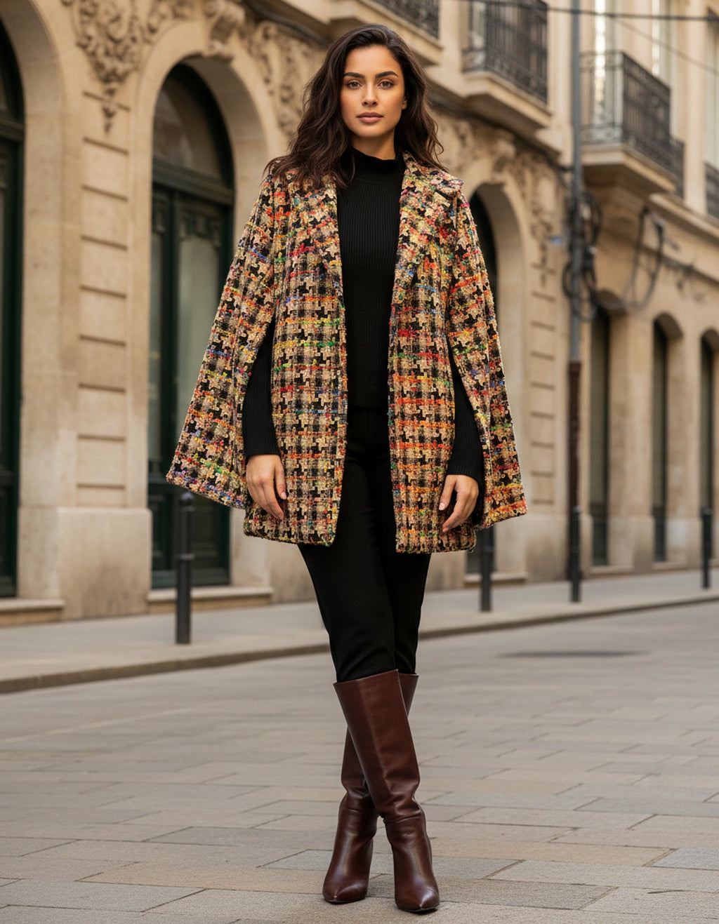 A girl wearing open cape jacket with open sleeves and collar with black base and boots. 