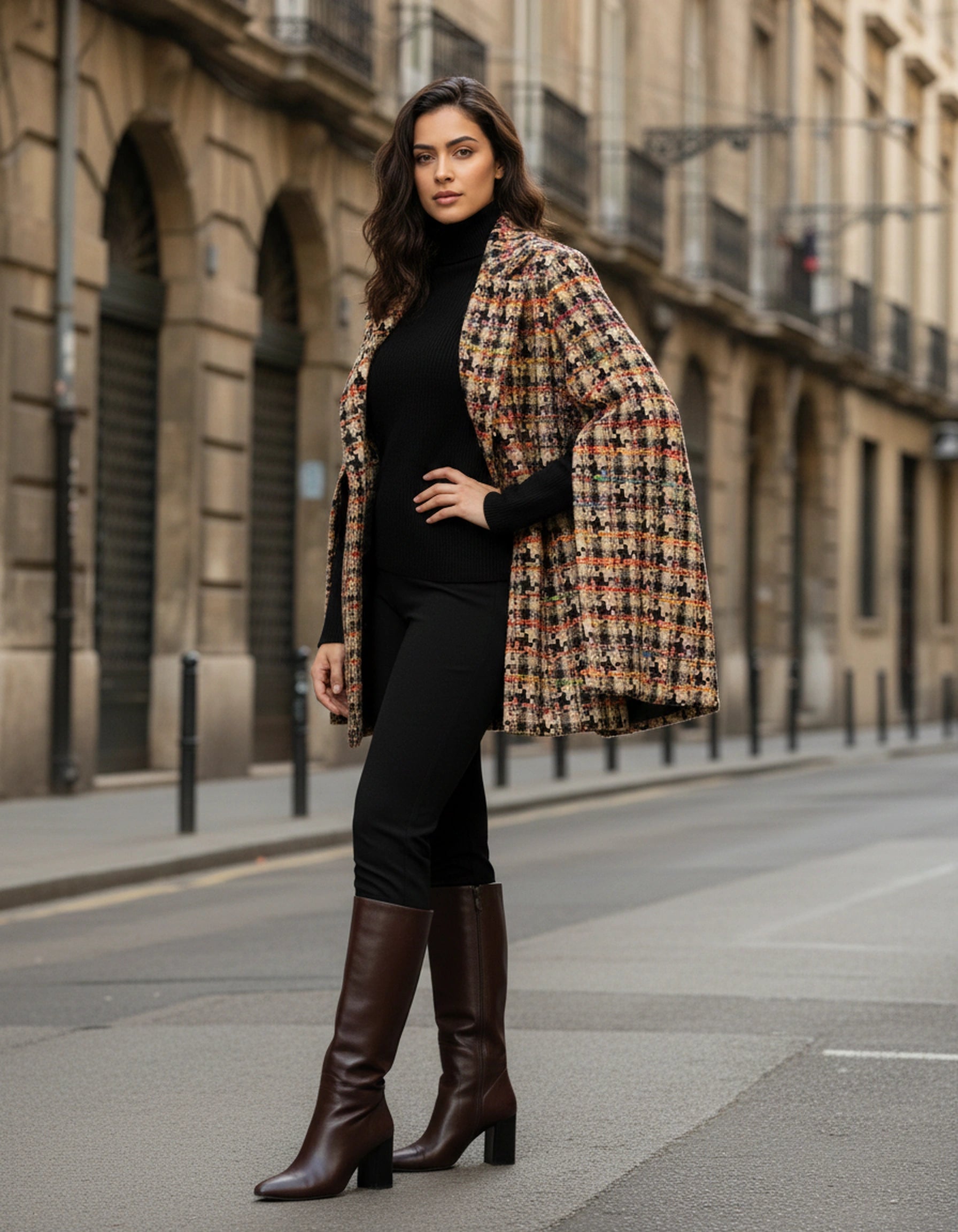 Woman in a plaid coat and brown boots standing on a city street.