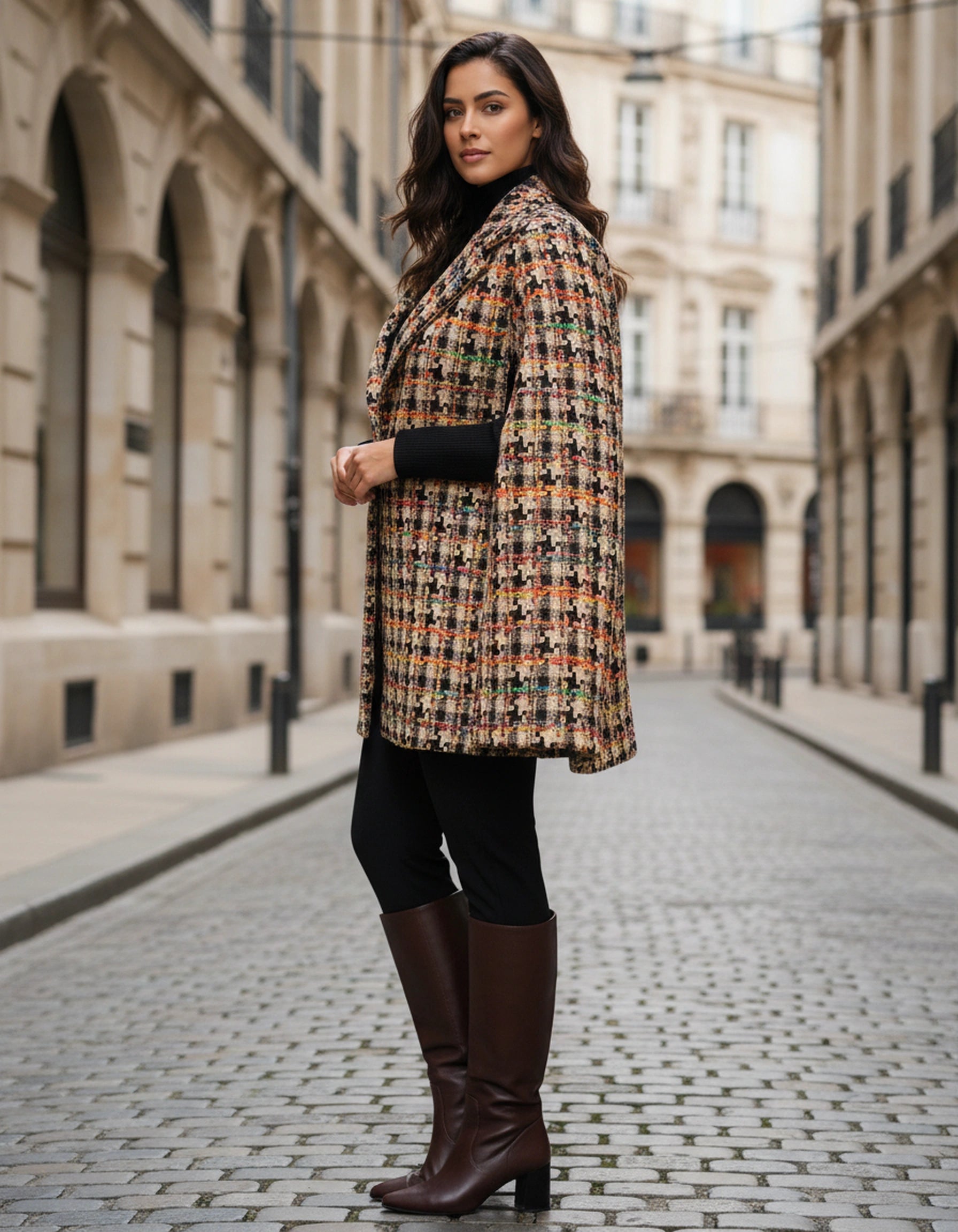 Woman wearing a plaid coat and brown boots on a city street.